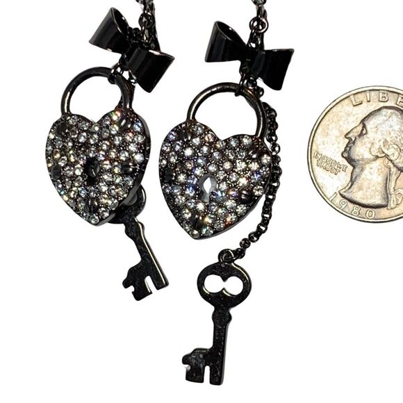 Betsey Johnson Black Crystal Heart Lock & Key Dangle Earrings 4" Valentine Love - Picture 7 of 11